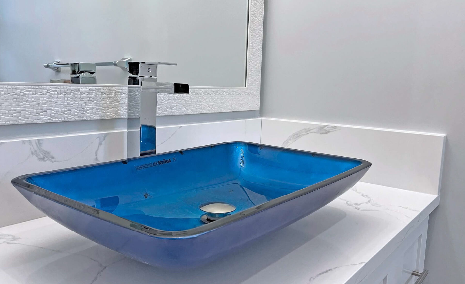 Duplex interior view blue glass bathroom sink bowl